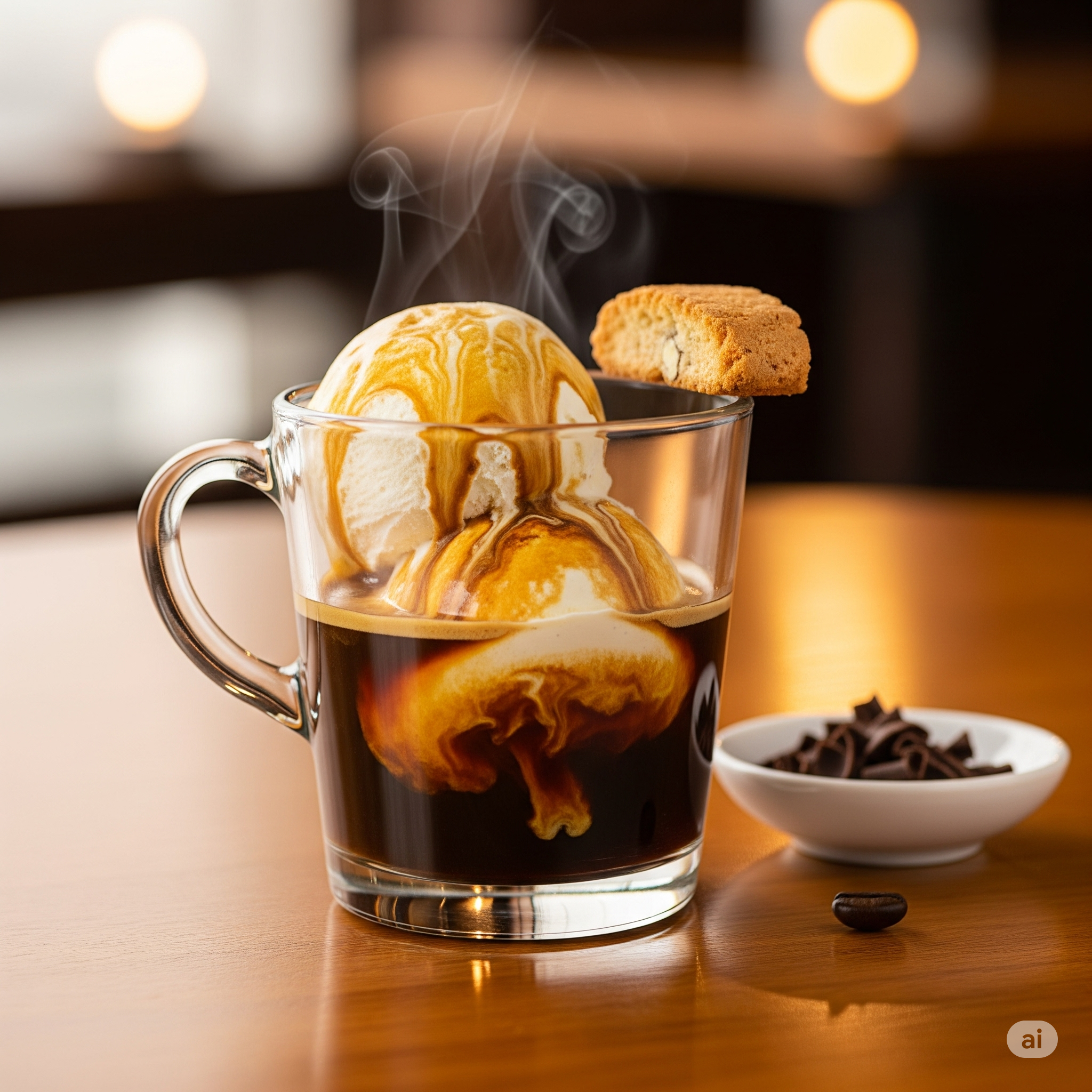 An affogato with vanilla ice cream scoops submerged in a shot of hot espresso.