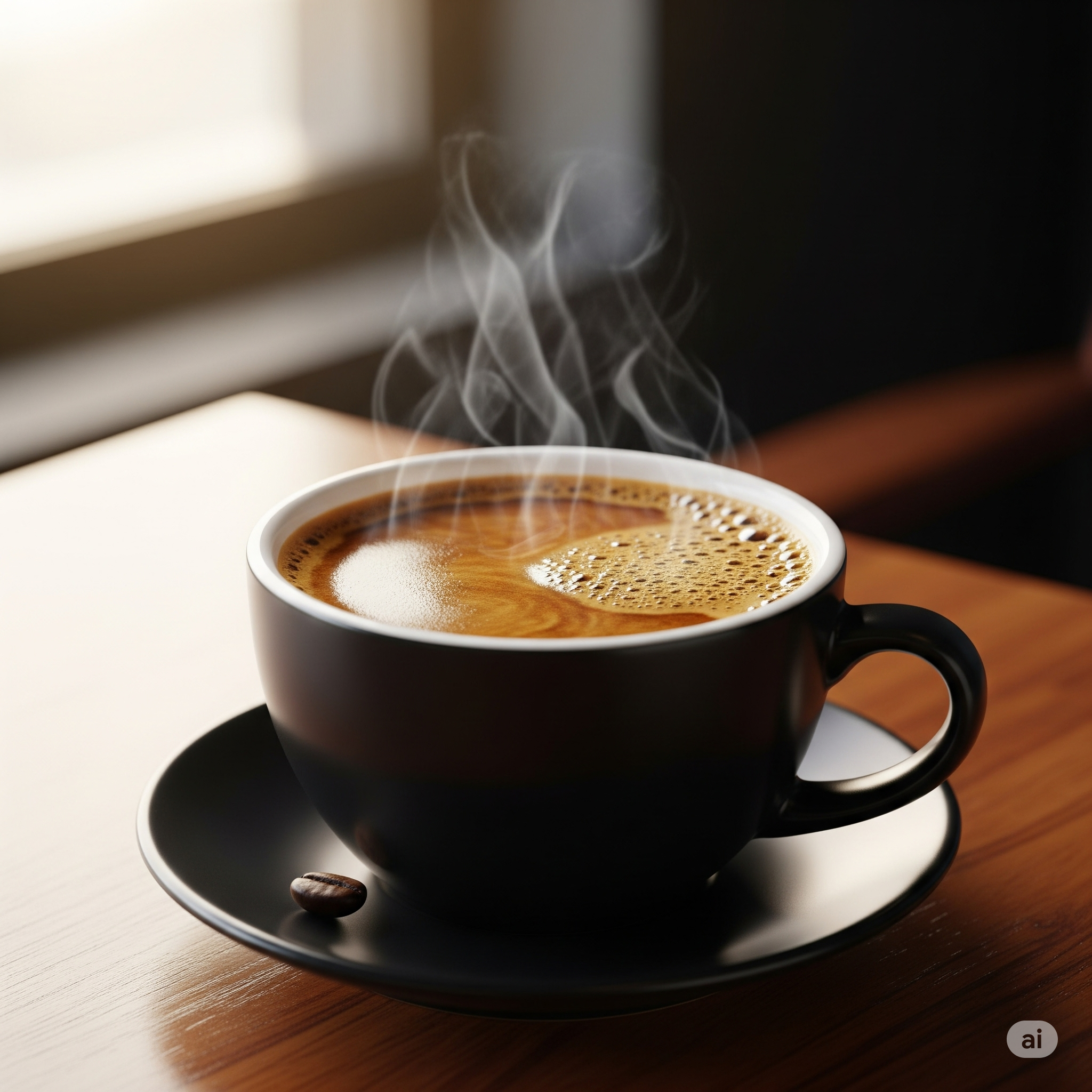 A steaming black mug filled with a dark americano coffee.