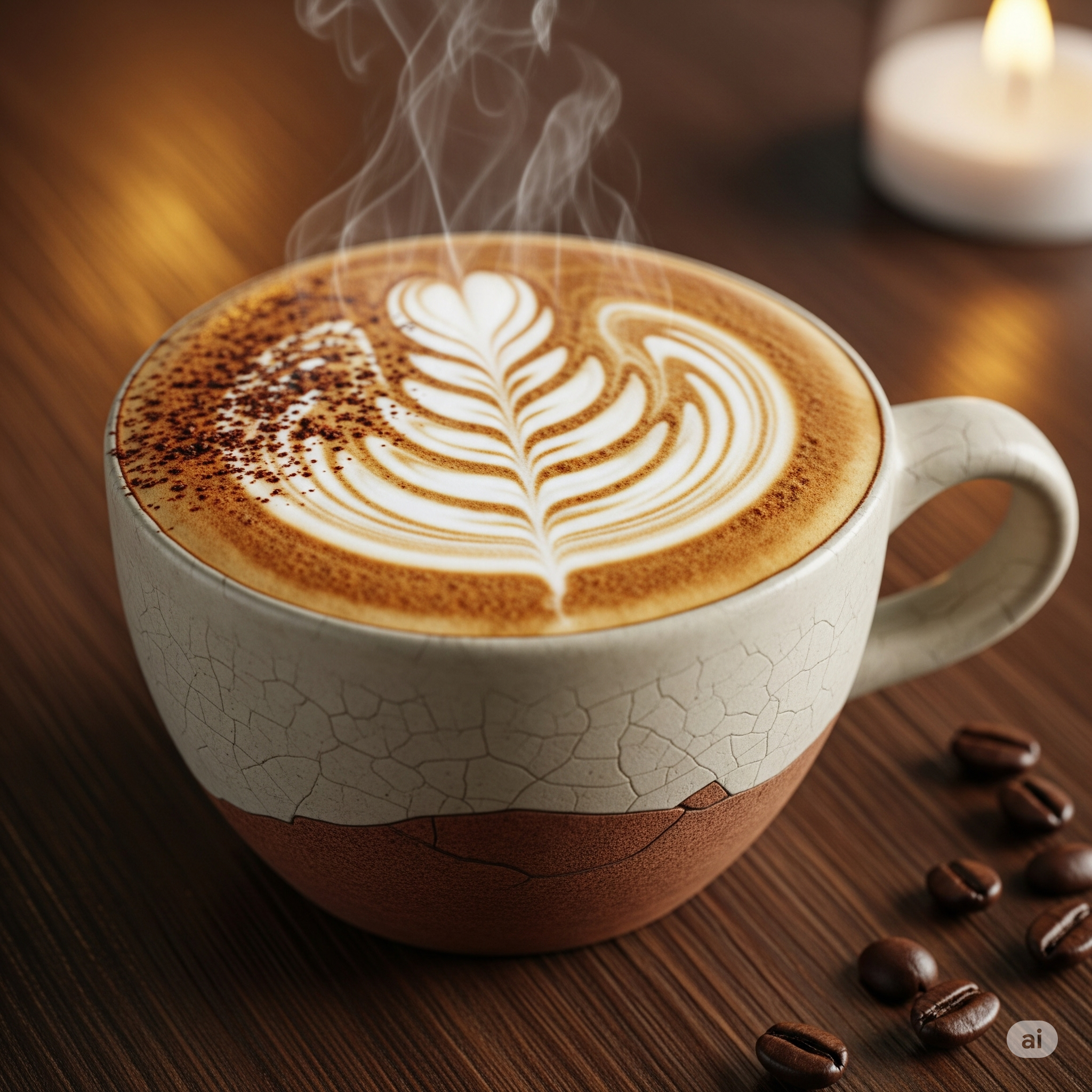 A creamy cappuccino in a rustic cup with detailed leaf latte art.