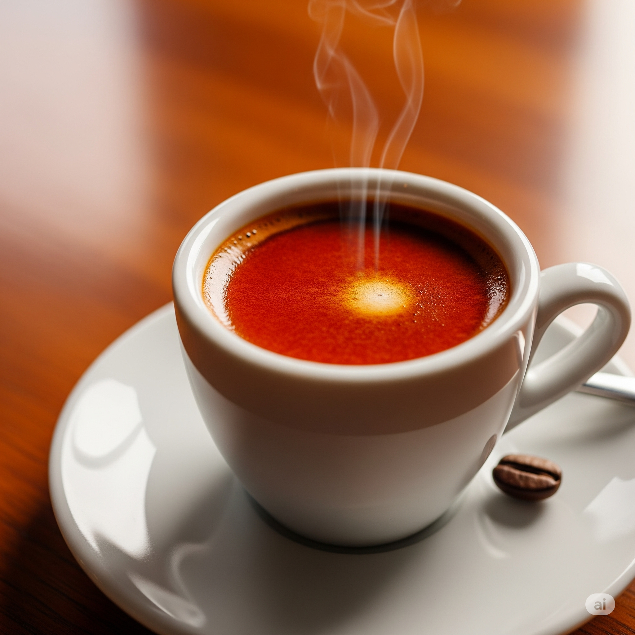 A close-up of a rich espresso shot in a small white cup with a thick crema.