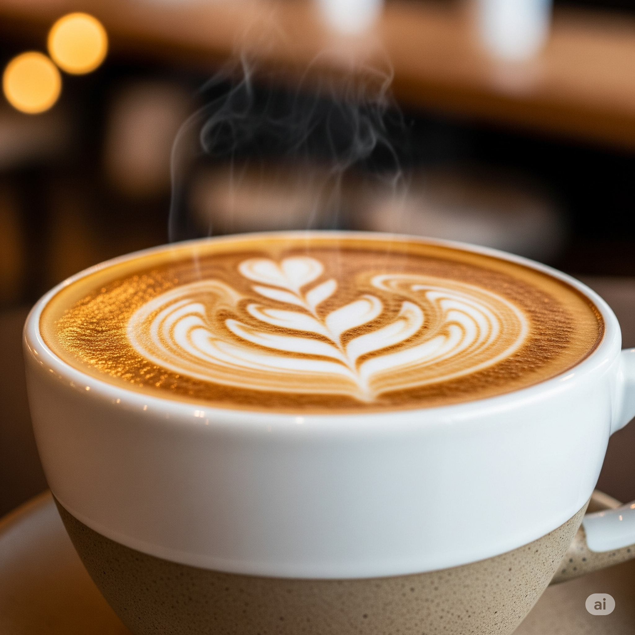 A ceramic cup containing a flat white with detailed Rosetta latte art.
