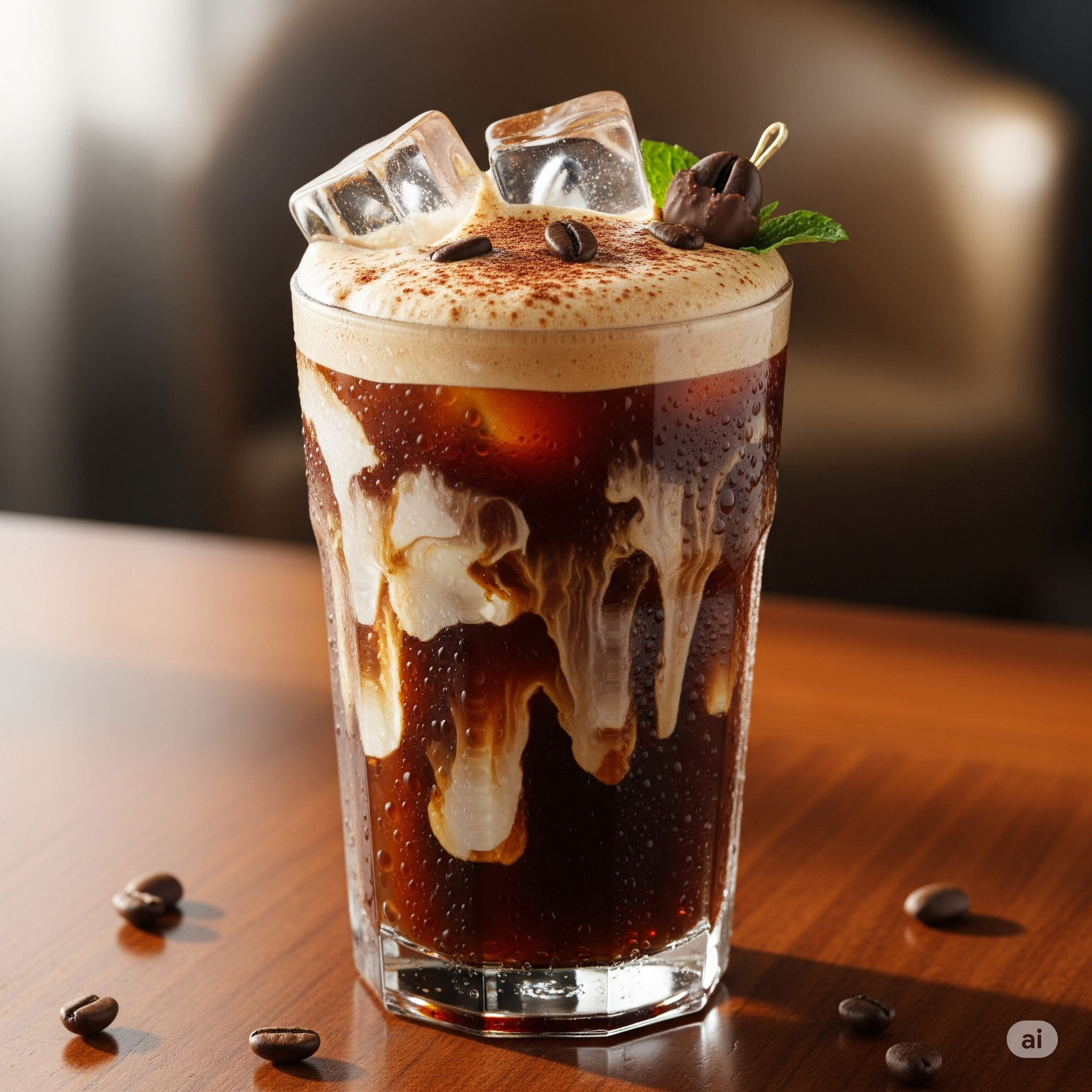 A refreshing iced coffee in a tall glass with ice cubes and swirls of cream.