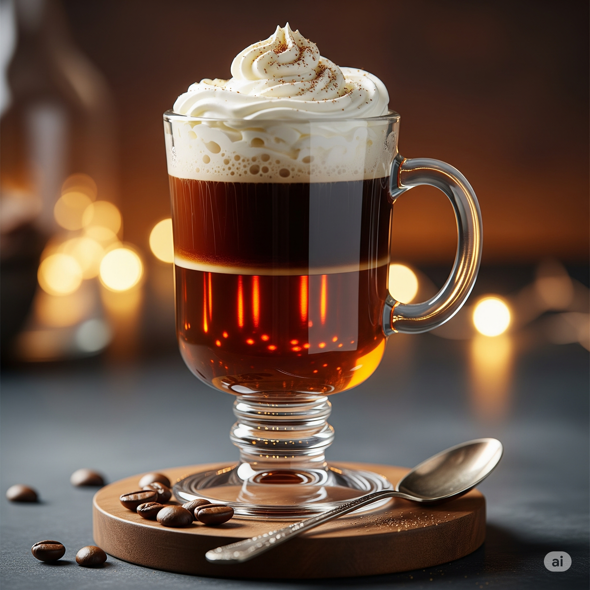 An Irish coffee with distinct layers of coffee and a thick layer of whipped cream on top.