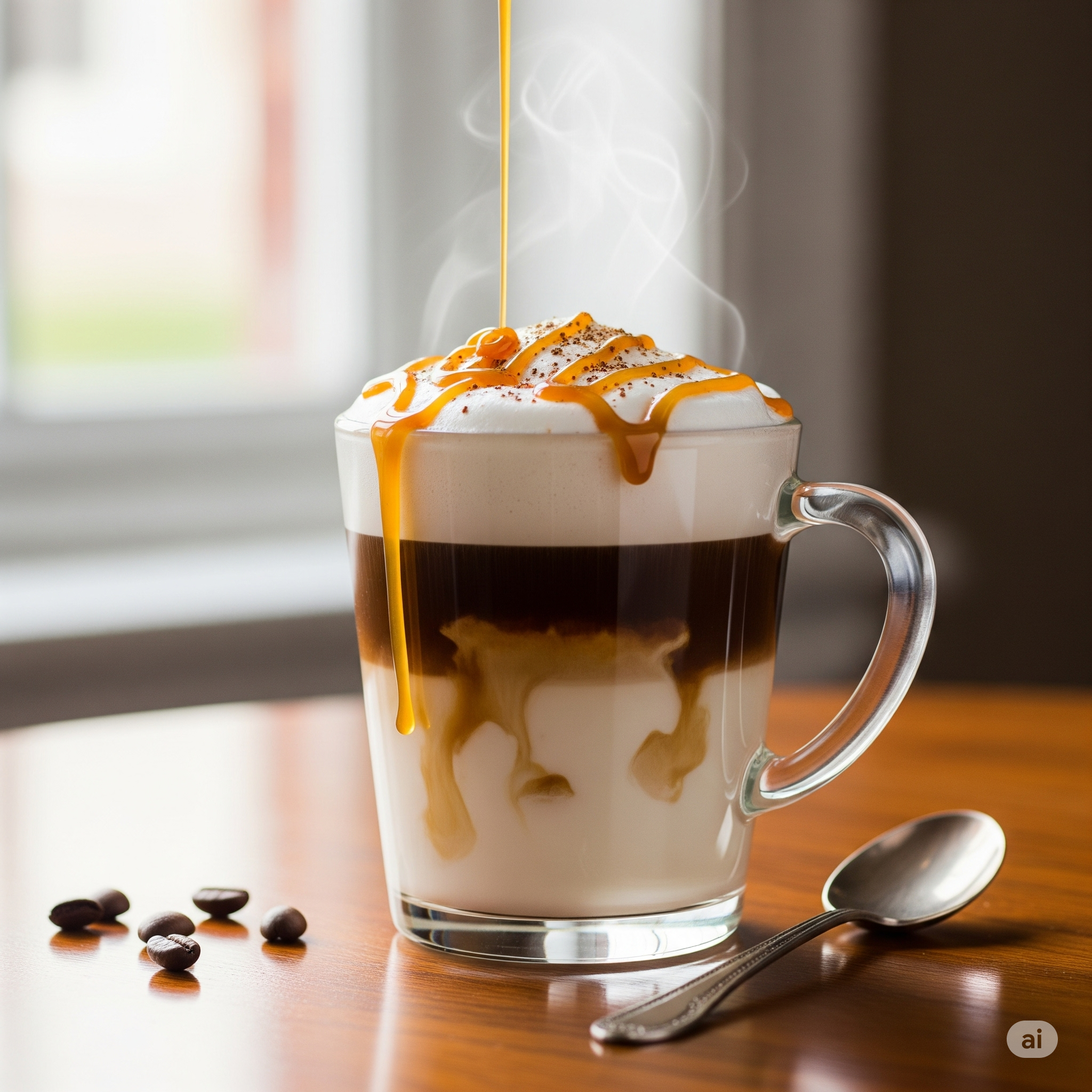 A layered caramel macchiato in a clear glass with caramel sauce drizzling on top.