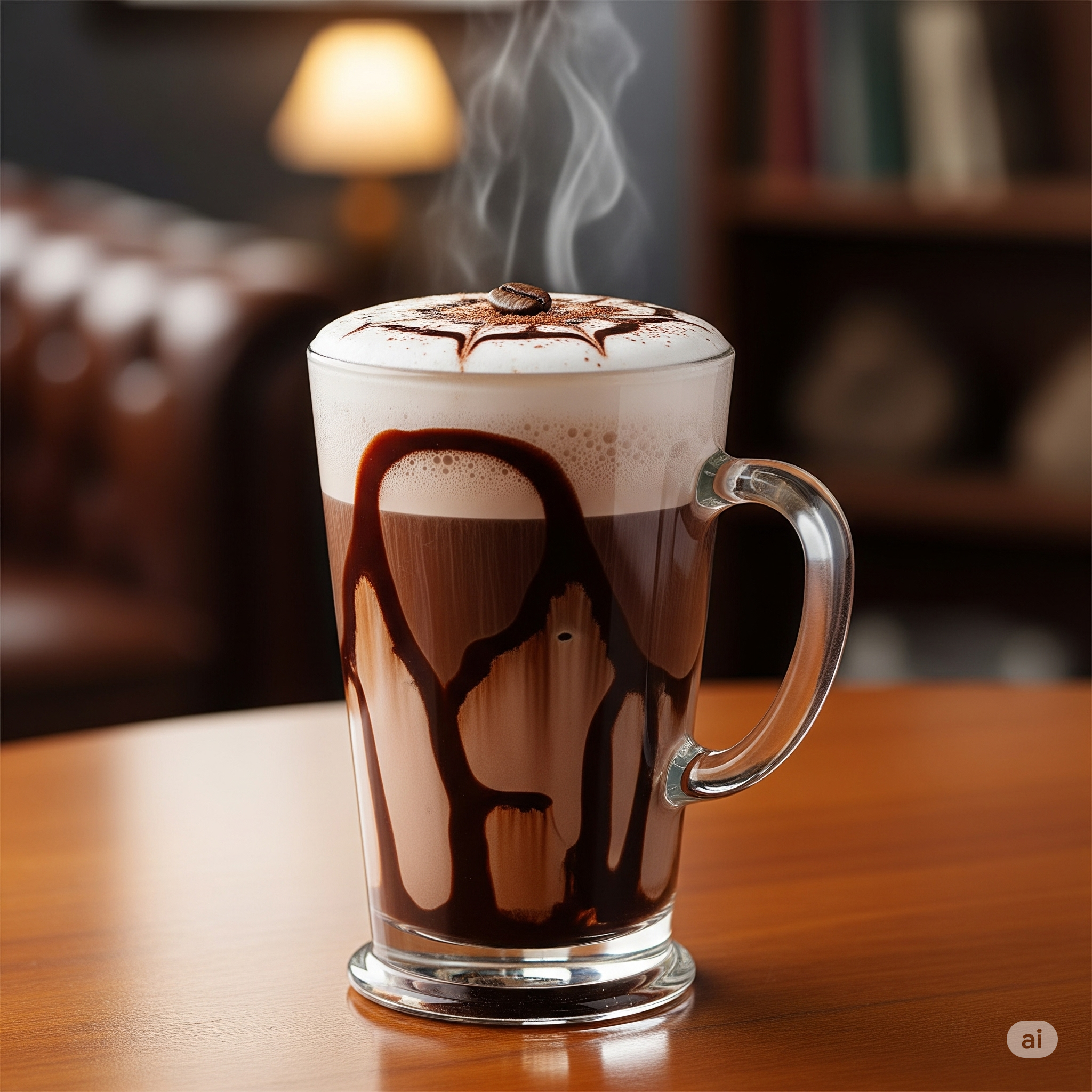 A layered mocha coffee in a tall glass with chocolate sauce drizzled on the inside.
