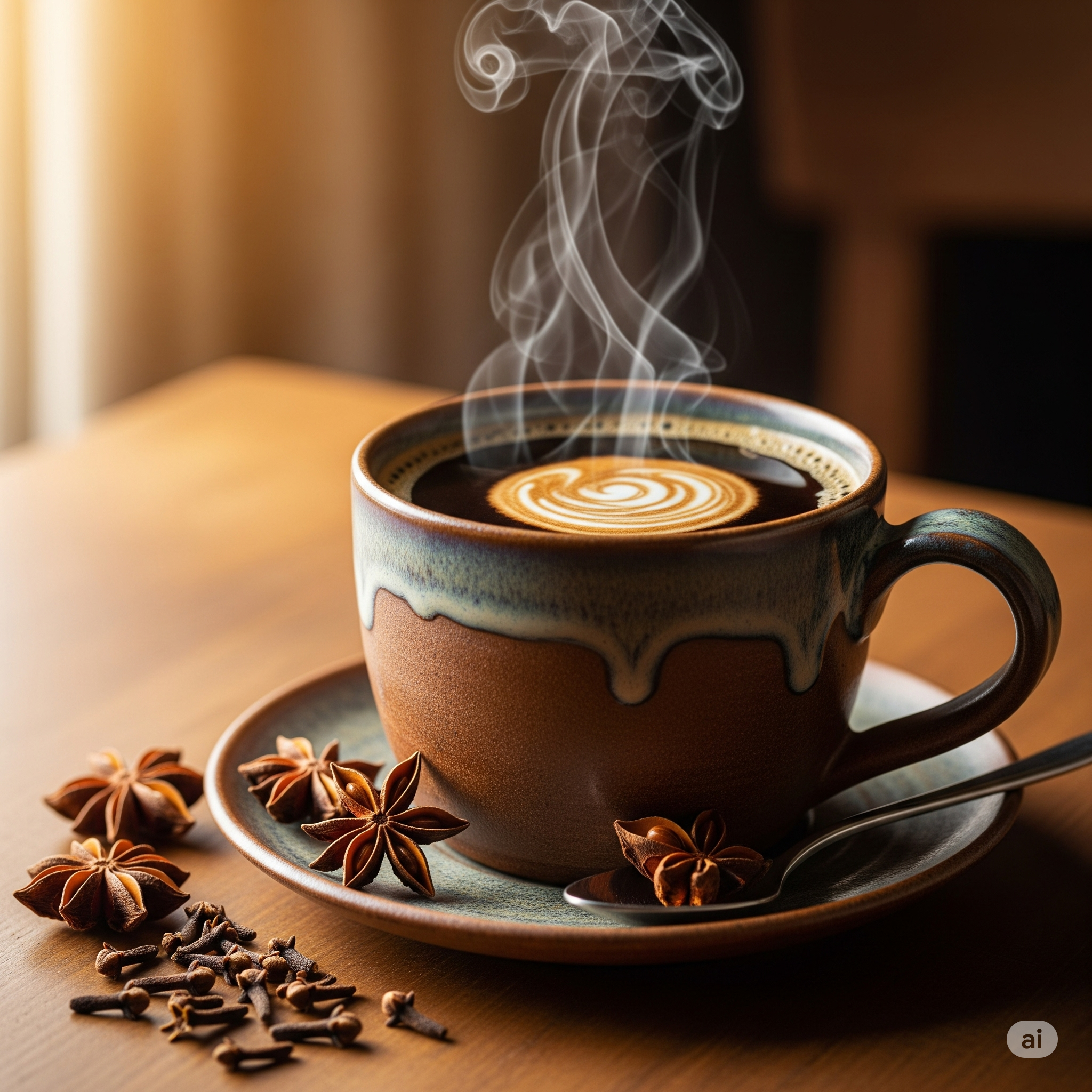 A steaming cup of coffee surrounded by spices like star anise and cloves.